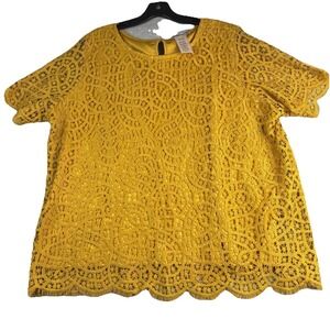 Philosophy Top Women's  2XL Gold Mustard All Lace Scallop Trim Short Sleeve